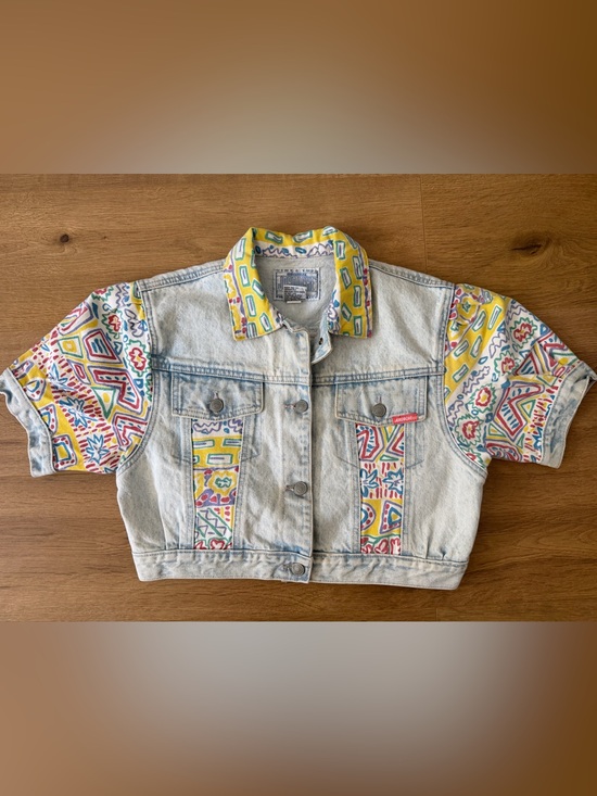 Jordache Tops - Jordache Light Wash Denim Crop Jacket with Yellow, Pink, Green & Blue Print